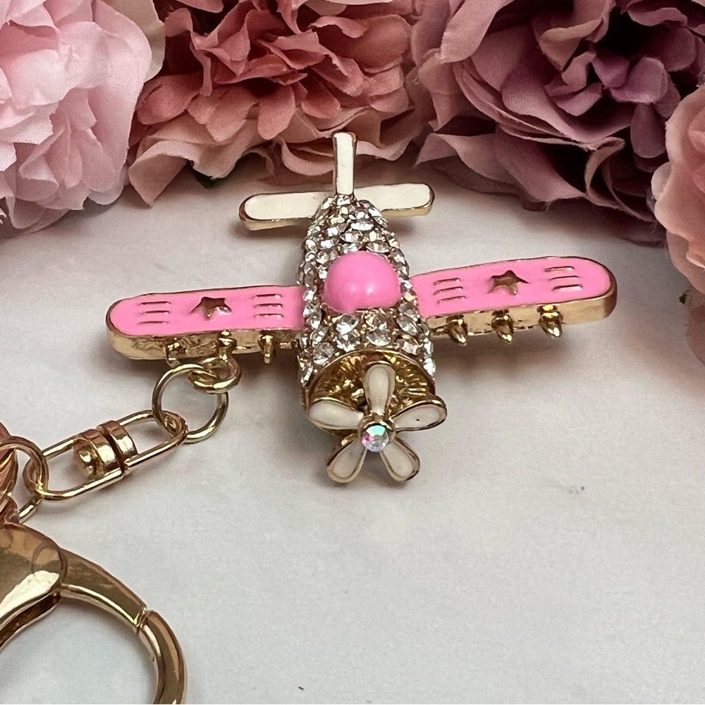 Whimsical Pink & Gold Crystal Airplane Keychain Charm - Picture 10 of 16